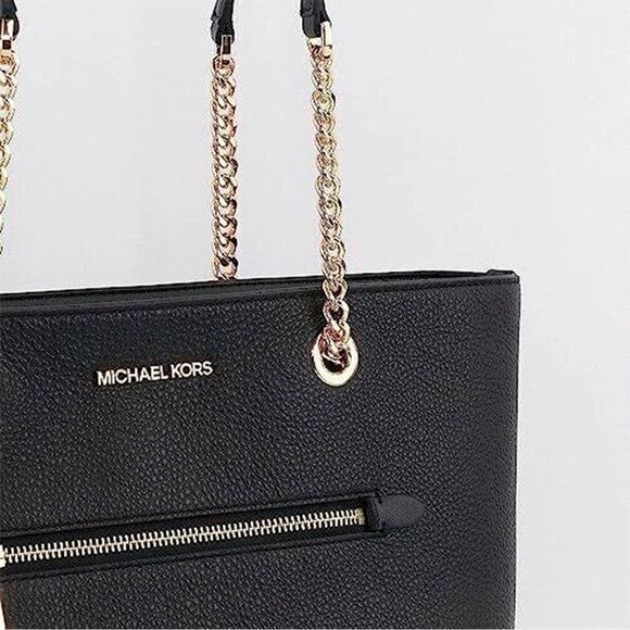 S Michael Kors Medium Front Zip Chain Tote Black Leather 35F2GTTT2L NWT $448 - Picture 5 of 13